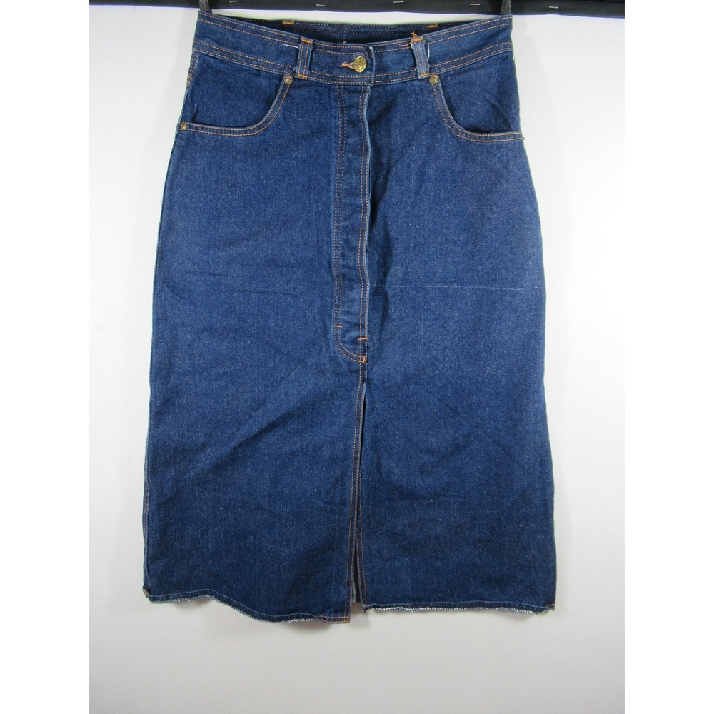 Vintage 70s Lerner Denim Midi Skirt Women Blue Slits